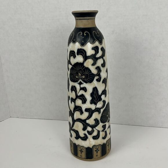 Pottery Vase Floral Vine Black White Tan 12 Inch Decor - Picture 2 of 8
